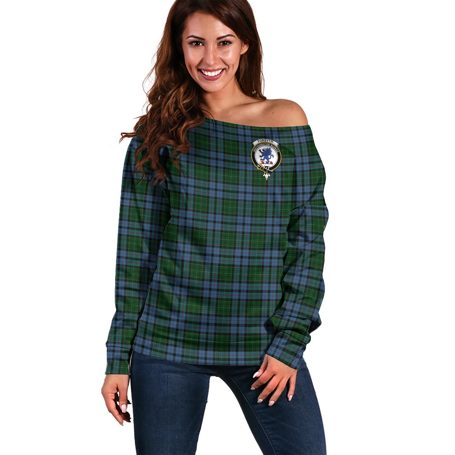 Forsyth Tartan Off Shoulder Women Sweater with Family Crest Women - Tartan Vibes Clothing