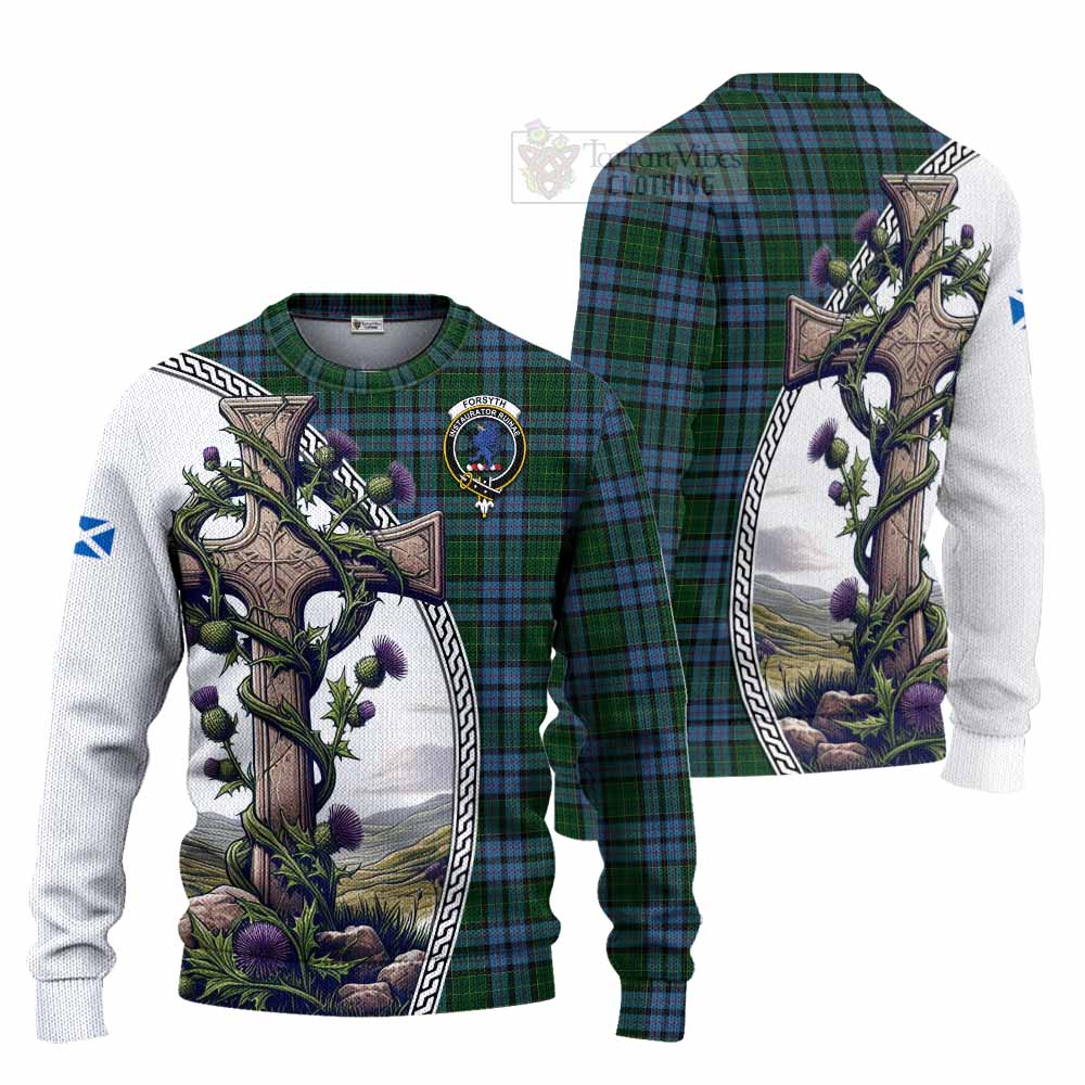 Forsyth Tartan Knitted Sweater with Family Crest and St. Andrew's Cross Accented by Thistle Vines Unisex - Tartan Vibes Clothing