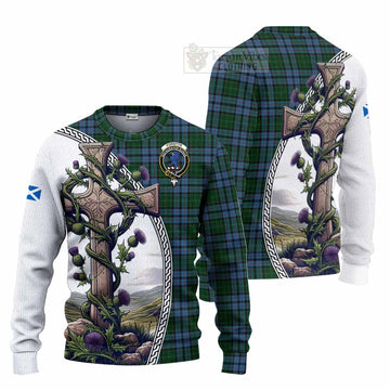 Forsyth Tartan Knitted Sweater with Family Crest and St. Andrew's Cross Accented by Thistle Vines Unisex - Tartan Vibes Clothing