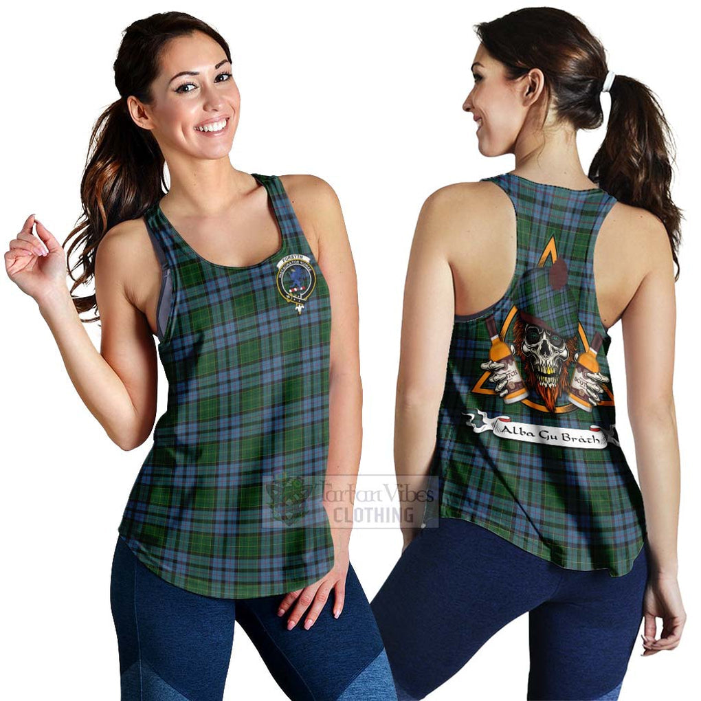 Tartan Vibes Clothing Forsyth Tartan Women's Racerback Tanks with Family Crest and Bearded Skull Holding Bottles of Whiskey