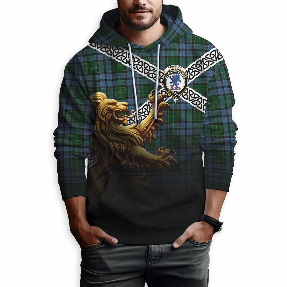 Tartan Vibes Clothing Forsyth Crest Tartan Hoodie with Golden Lion Emblem Celtic Style