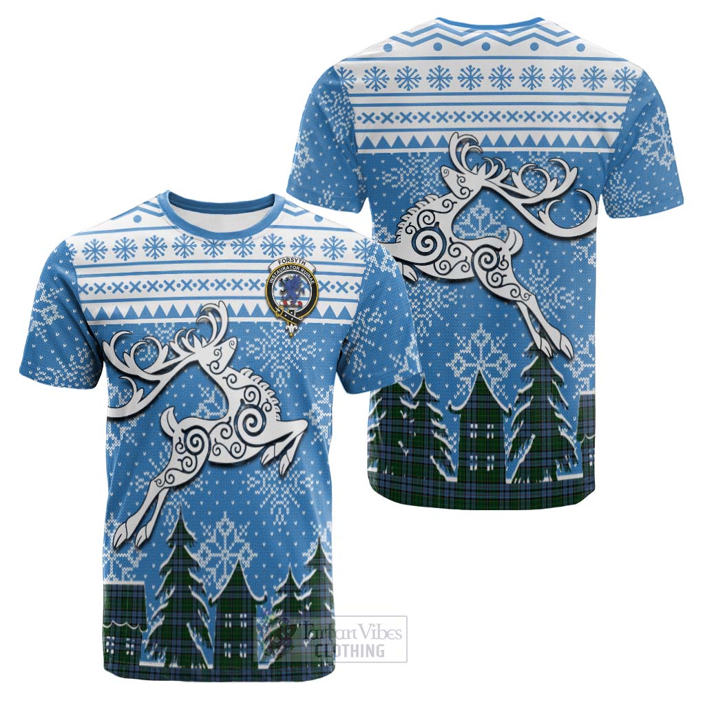Tartan Vibes Clothing Forsyth Clan Christmas Cotton T-shirt Celtic Reindeer Style