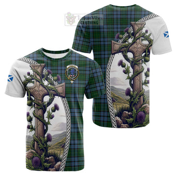 Tartan Vibes Clothing Forsyth Tartan Cotton T-shirt with Family Crest and St. Andrew's Cross Accented by Thistle Vines