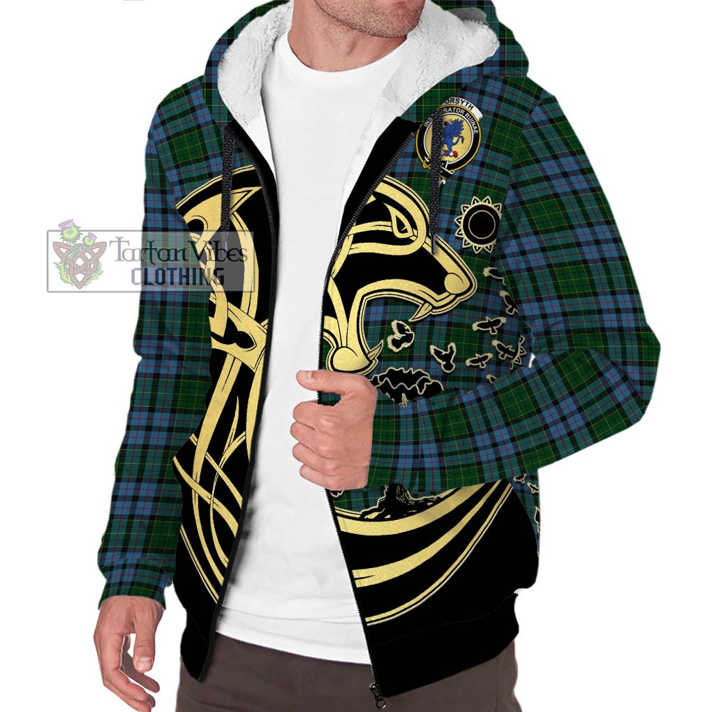 Forsyth Tartan Sherpa Hoodie with Family Crest Celtic Wolf Style Unisex S - Tartan Vibes Clothing