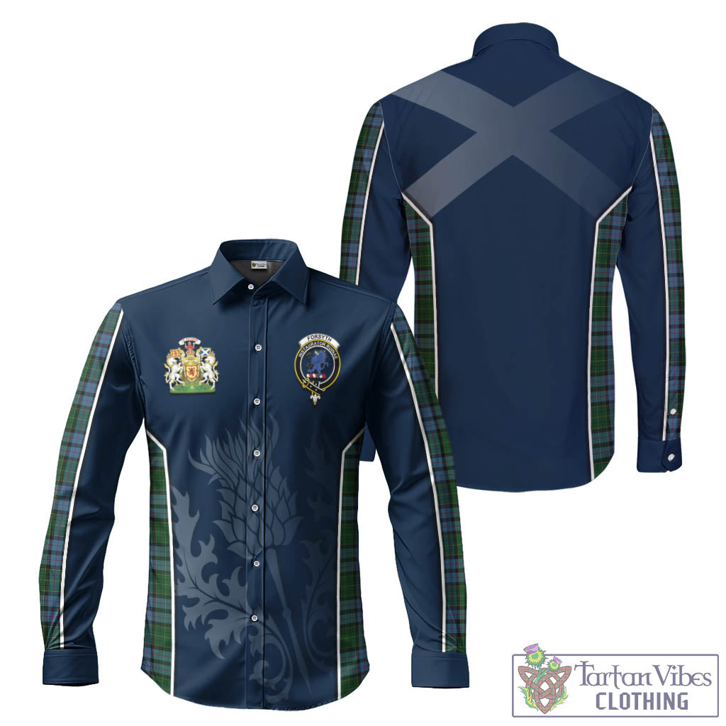 Forsyth Tartan Long Sleeve Button Up Shirt with Family Crest and Scottish Thistle Vibes Sport Style Men's Shirt - Tartan Vibes Clothing