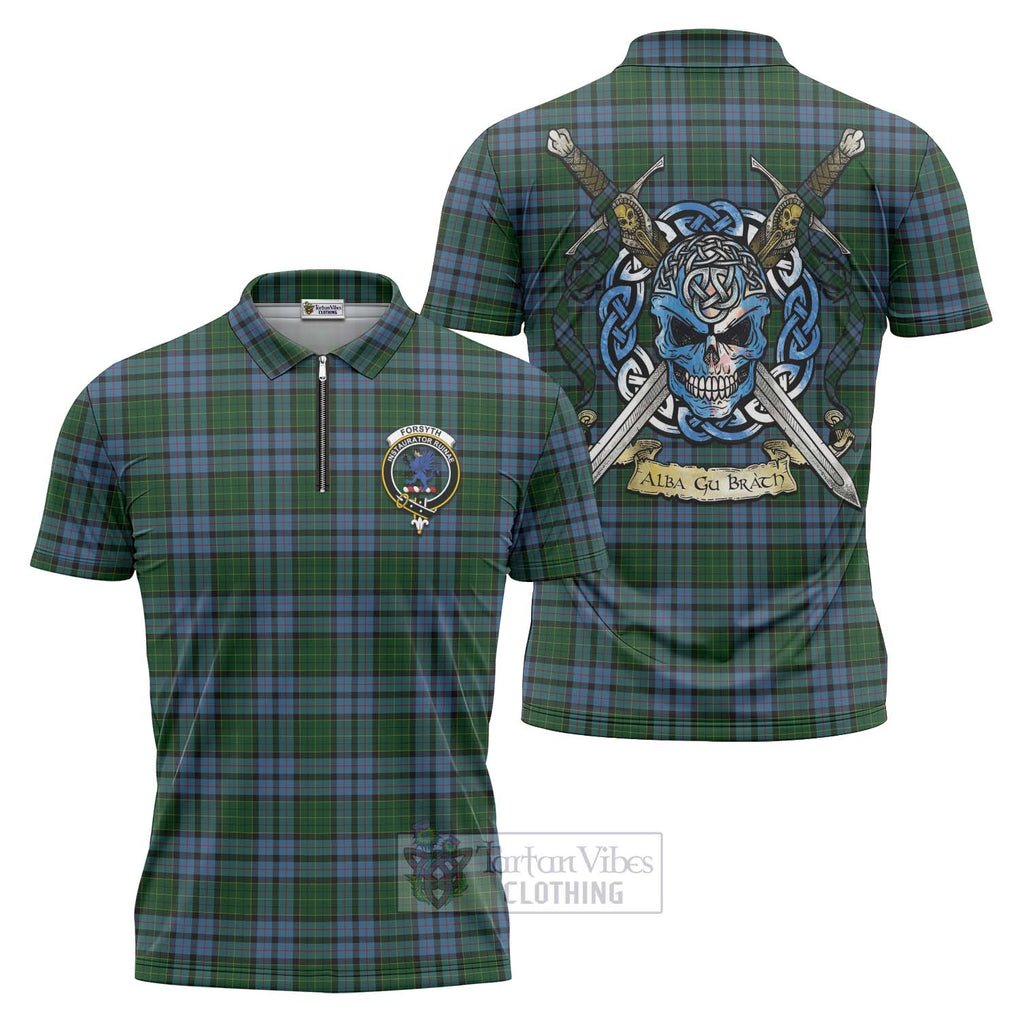 Tartan Vibes Clothing Forsyth Tartan Zipper Polo Shirt with Family Crest Celtic Skull Style