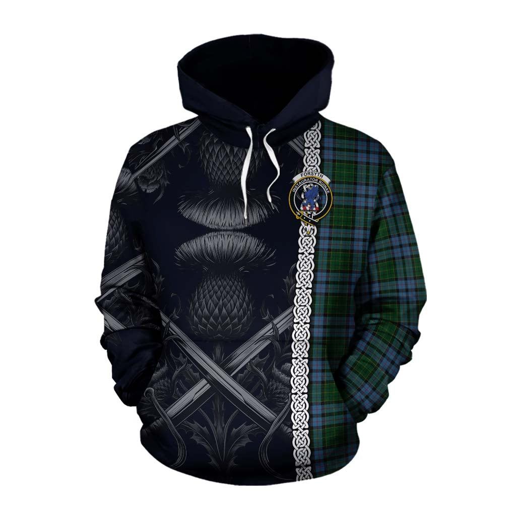 Forsyth Tartan Cotton Hoodie with Family Crest Cross Sword Thistle Celtic Vibes Pullover Hoodie XS - Tartan Vibes Clothing