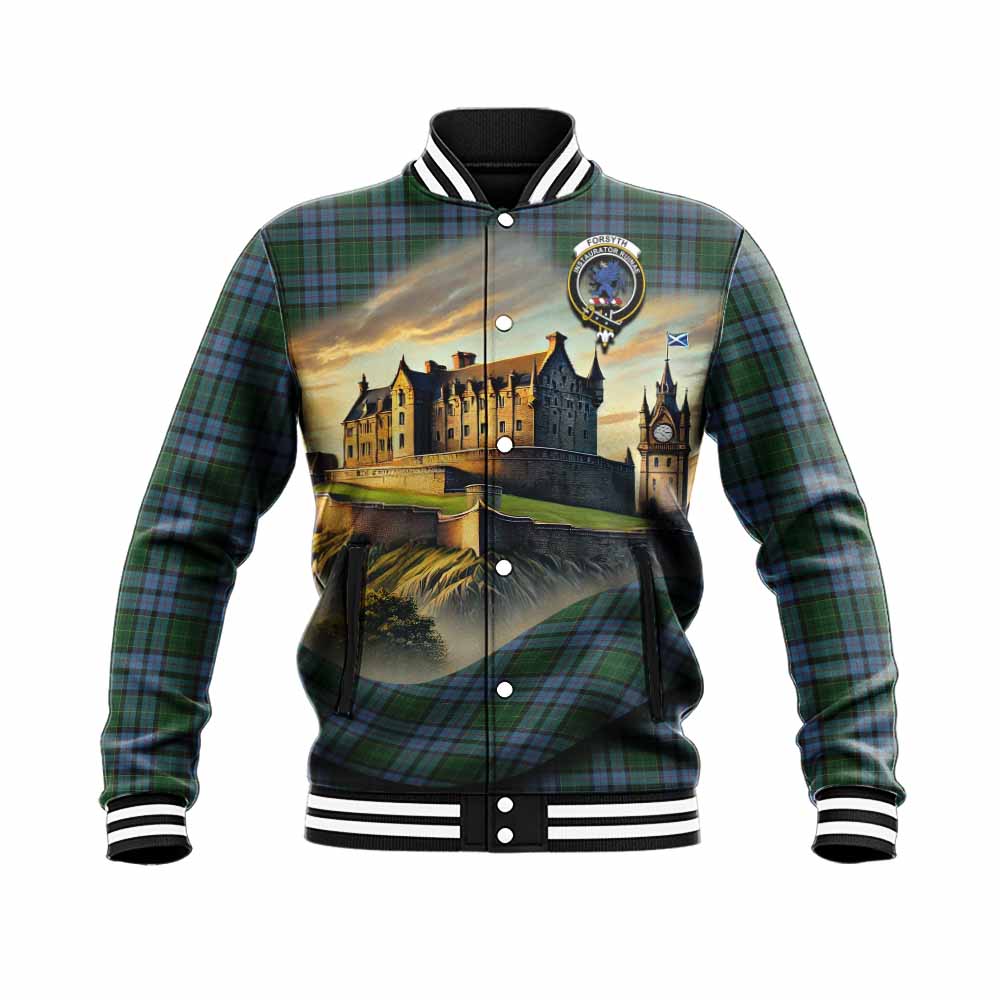 Forsyth Tartan Family Crest Baseball Jacket with Scottish Ancient Castle Style Unisex - Tartan Vibes Clothing