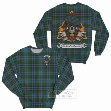 Forsyth Tartan Sweatshirt with Family Crest and Bearded Skull Holding Bottles of Whiskey Unisex - Tartan Vibes Clothing