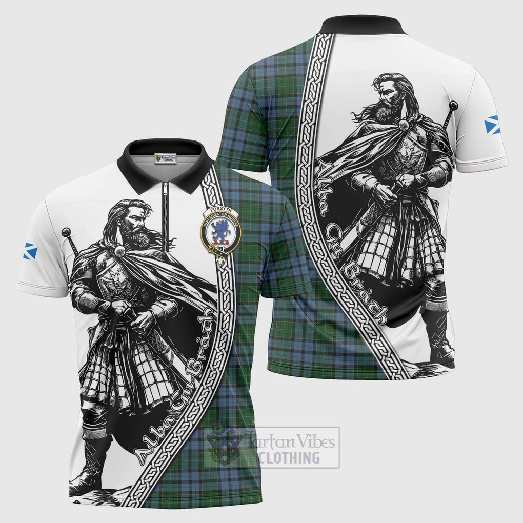 Forsyth Tartan Clan Crest Zipper Polo Shirt with Highlander Warrior Celtic Style Unisex - Tartan Vibes Clothing