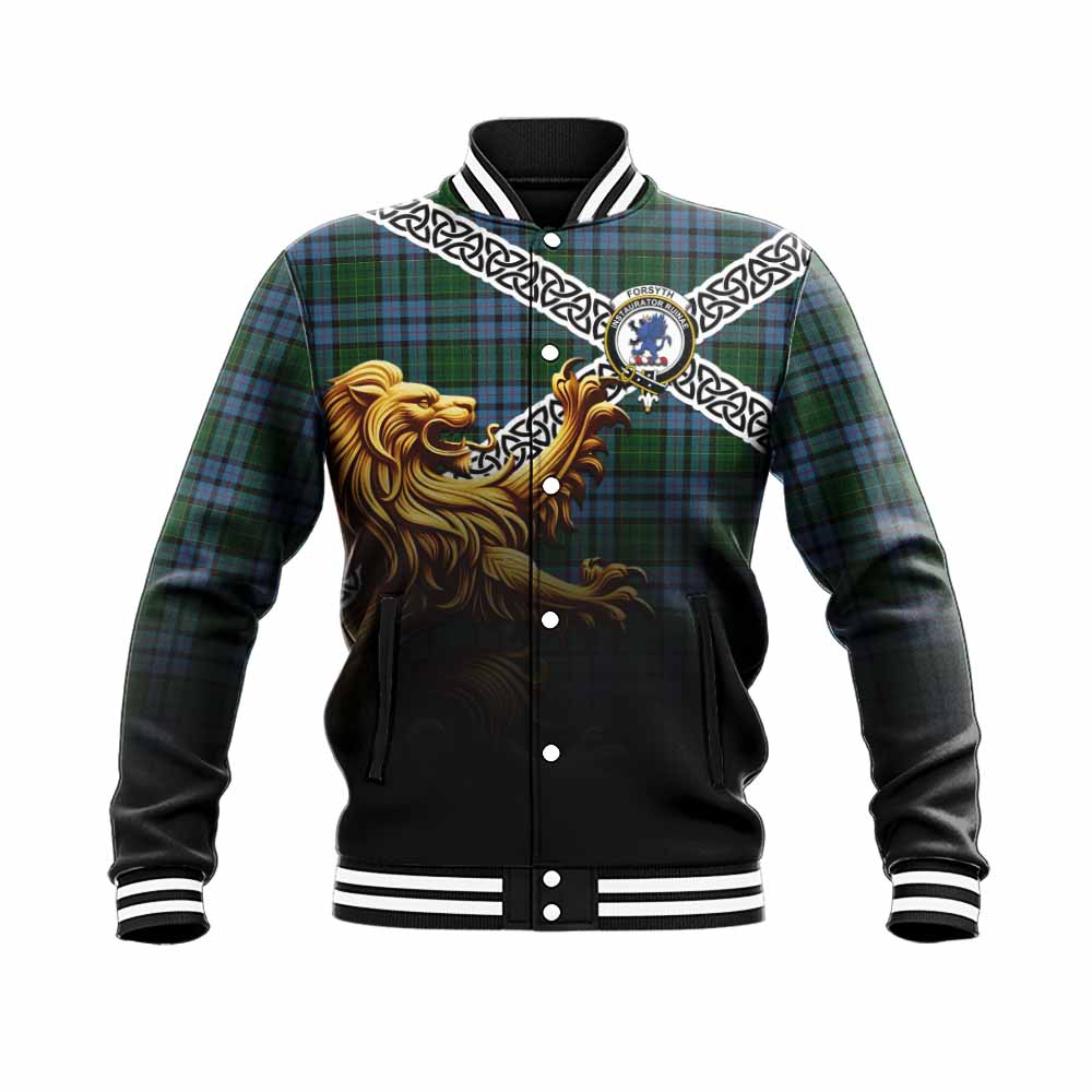 Forsyth Crest Tartan Baseball Jacket with Golden Lion Emblem Celtic Style Unisex - Tartan Vibes Clothing