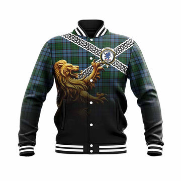 Tartan Vibes Clothing Forsyth Crest Tartan Baseball Jacket with Golden Lion Emblem Celtic Style