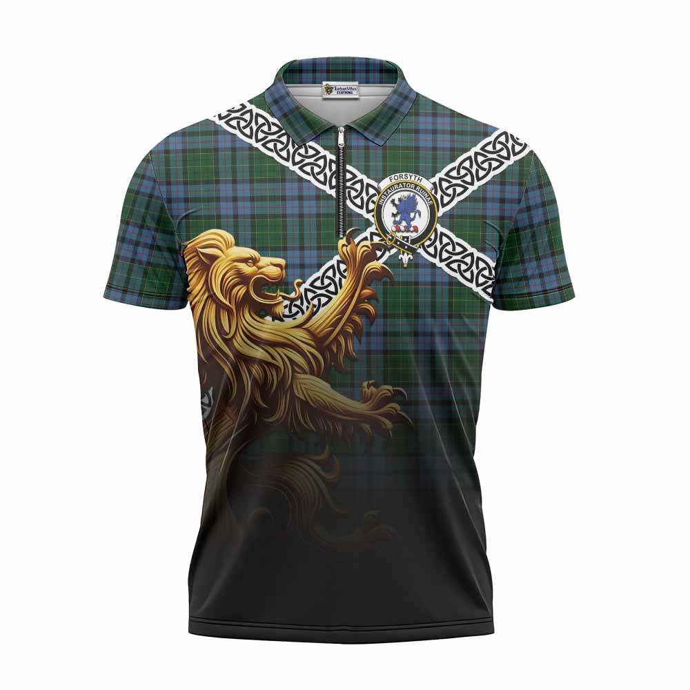 Forsyth Crest Tartan Zipper Polo Shirt with Golden Lion Emblem Celtic Style Unisex - Tartan Vibes Clothing
