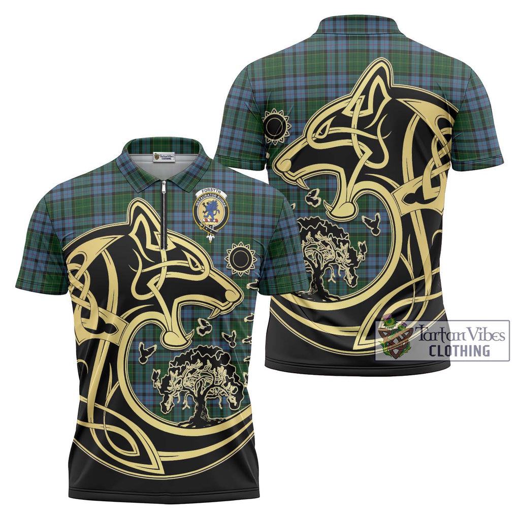 Forsyth Tartan Zipper Polo Shirt with Family Crest Celtic Wolf Style Unisex - Tartanvibesclothing Shop