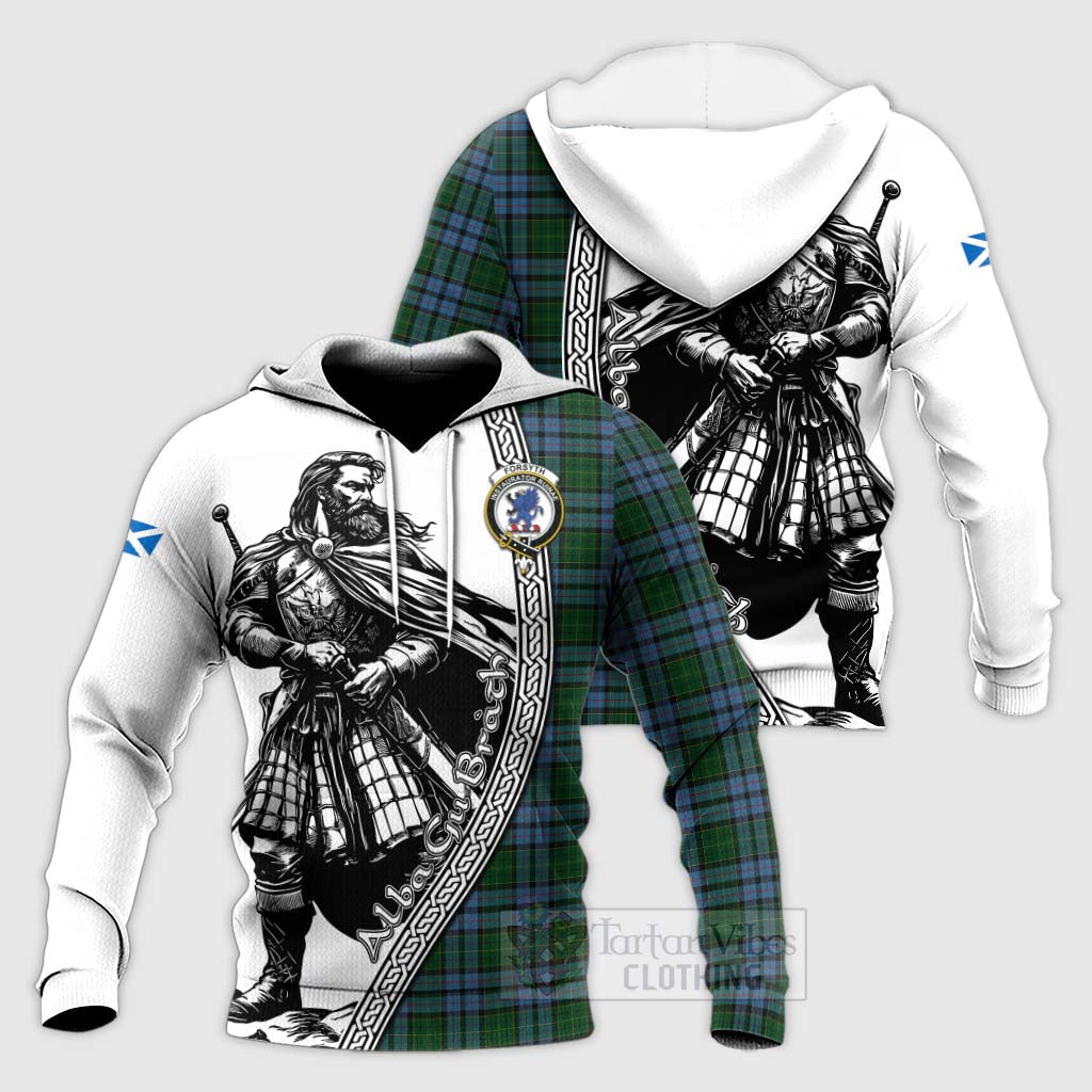 Forsyth Tartan Clan Crest Knitted Hoodie with Highlander Warrior Celtic Style Unisex Knitted Pullover Hoodie - Tartan Vibes Clothing