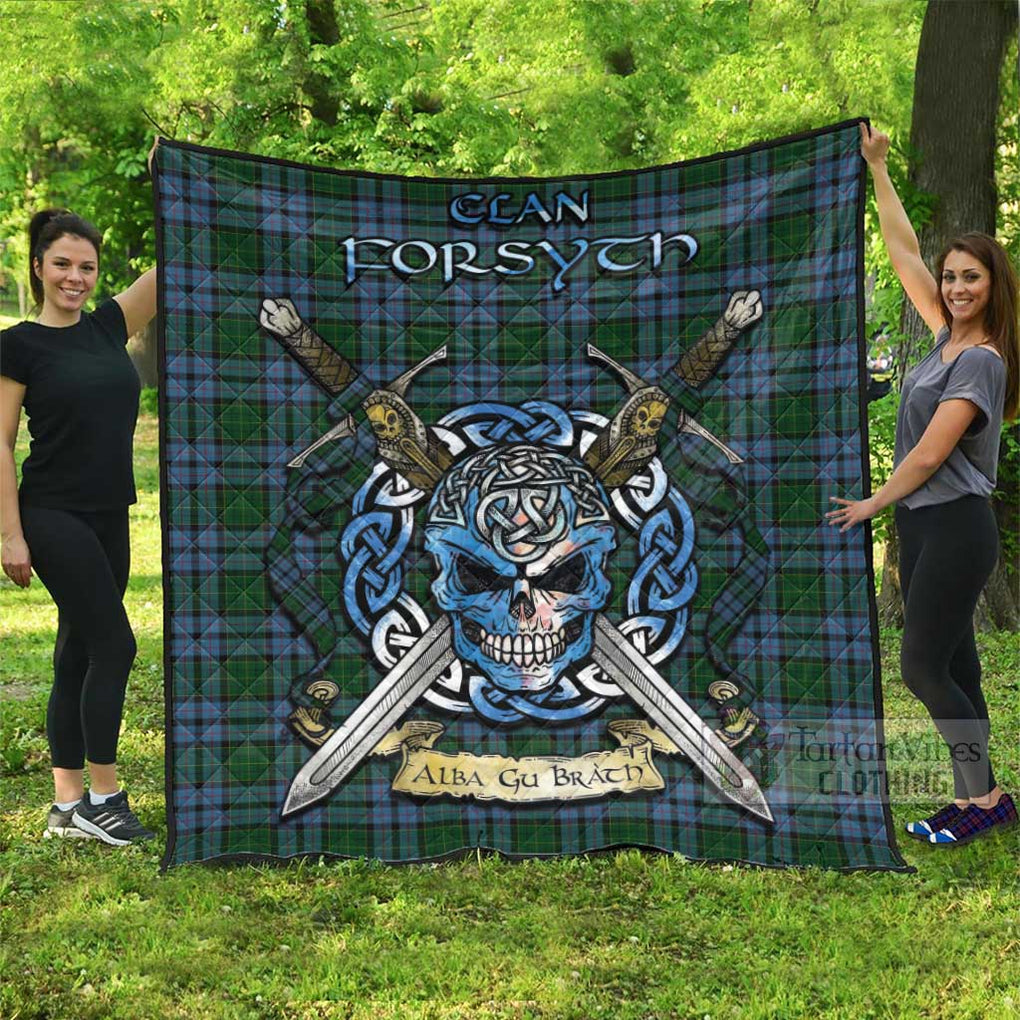 Forsyth Tartan Quilt with Celtic Skull Alba Gu Brath Style Super King Quilt 91" x 110" - Tartan Vibes Clothing