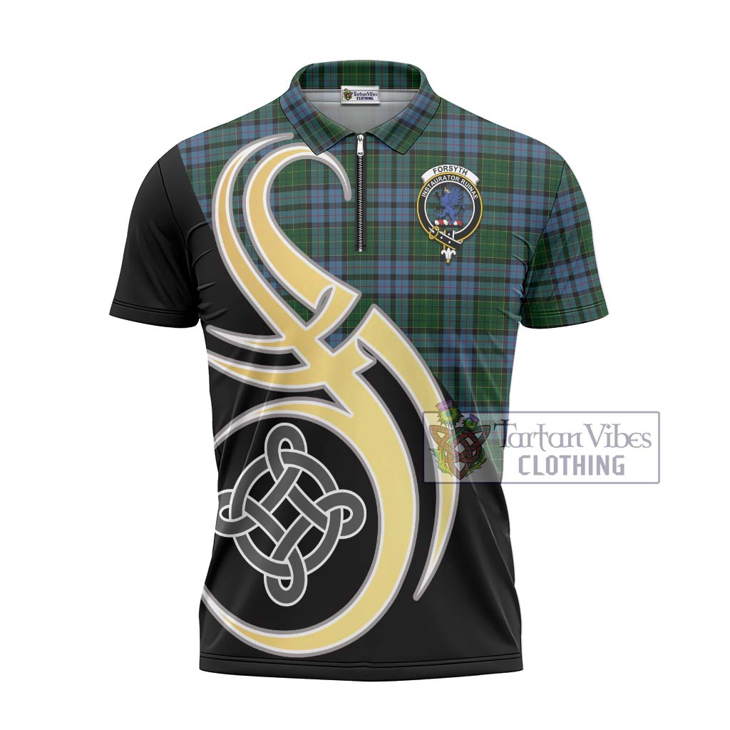 Tartan Vibes Clothing Forsyth Tartan Zipper Polo Shirt with Family Crest and Celtic Symbol Style