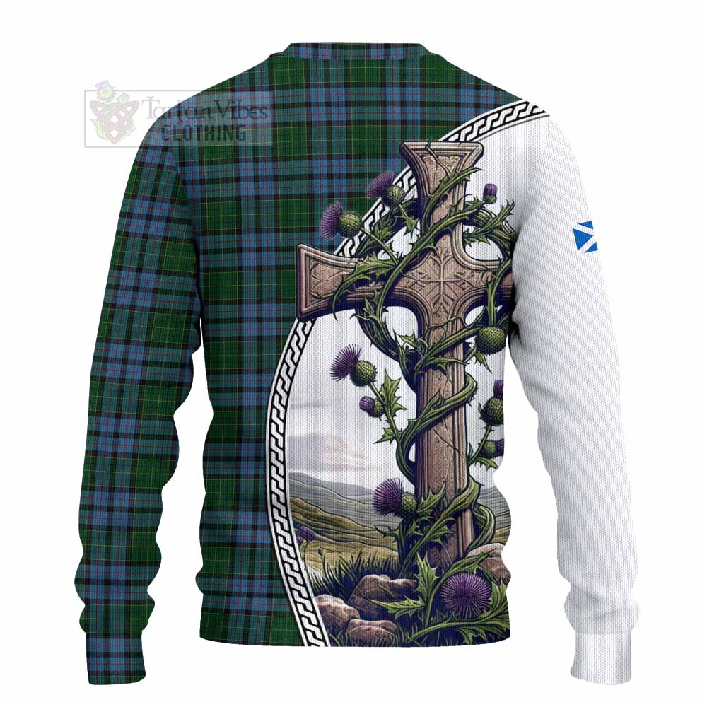 Forsyth Tartan Knitted Sweater with Family Crest and St. Andrew's Cross Accented by Thistle Vines - Tartan Vibes Clothing