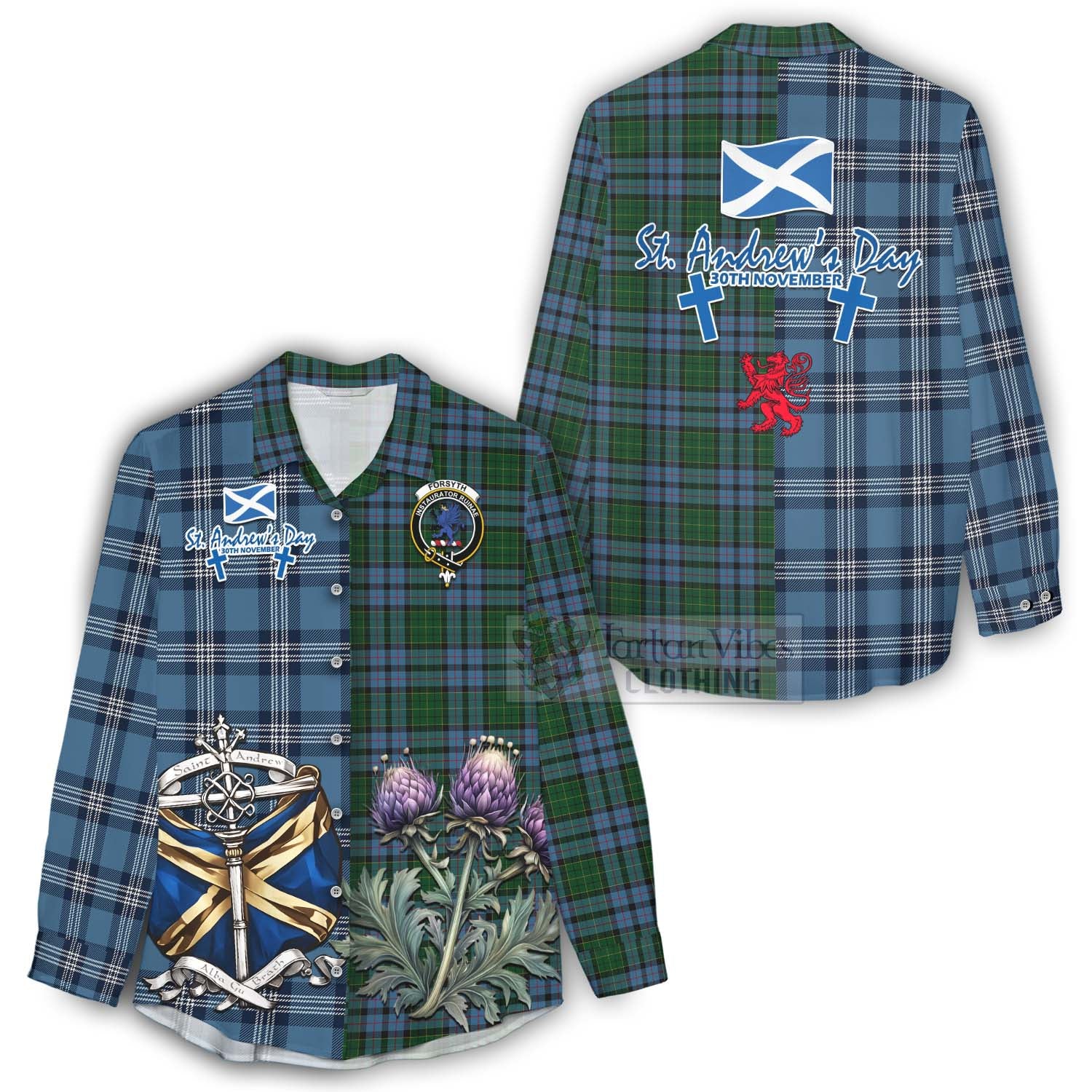 Forsyth Tartan Women's Casual Shirt Happy St. Andrew's Day Half Tartan Style - Tartan Vibes Clothing