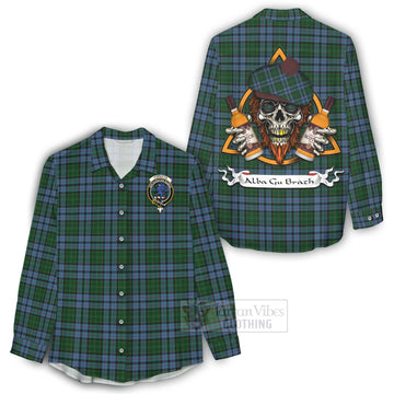 Forsyth Tartan Women's Casual Shirt with Family Crest and Bearded Skull Holding Bottles of Whiskey - Tartan Vibes Clothing