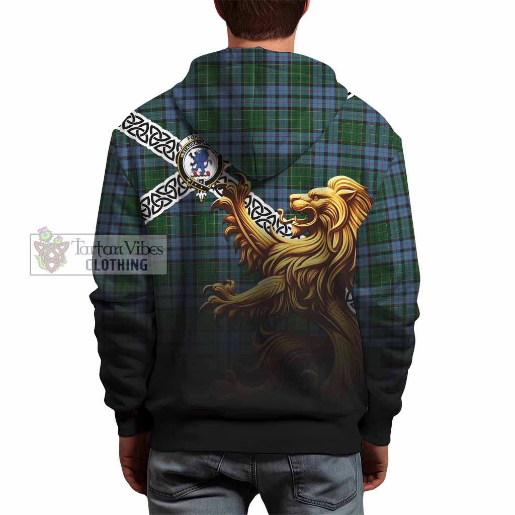 Tartan Vibes Clothing Forsyth Crest Tartan Hoodie with Golden Lion Emblem Celtic Style