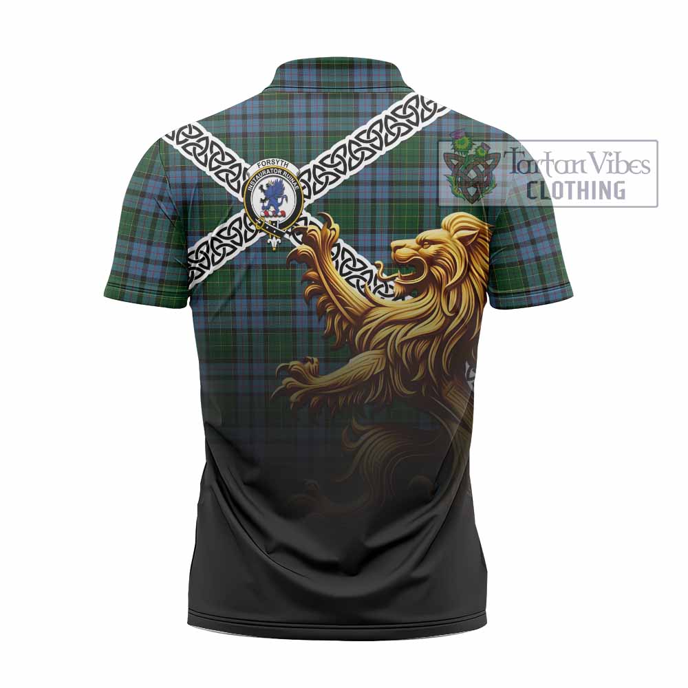 Forsyth Crest Tartan Zipper Polo Shirt with Golden Lion Emblem Celtic Style - Tartan Vibes Clothing