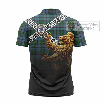 Forsyth Crest Tartan Zipper Polo Shirt with Golden Lion Emblem Celtic Style - Tartan Vibes Clothing