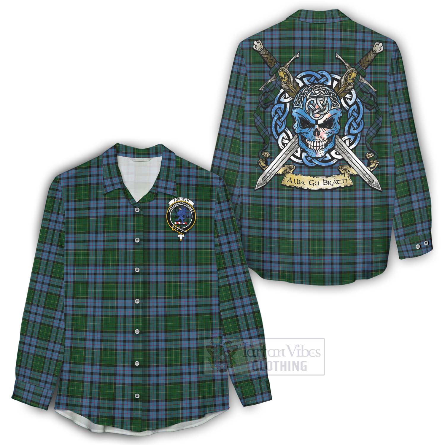 Forsyth Tartan Women's Casual Shirt with Family Crest Celtic Skull Style - Tartan Vibes Clothing
