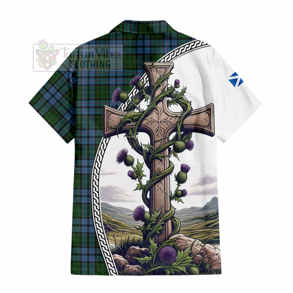Forsyth Tartan Hawaiian Shirt with Family Crest and St. Andrew's Cross Accented by Thistle Vines - Tartan Vibes Clothing