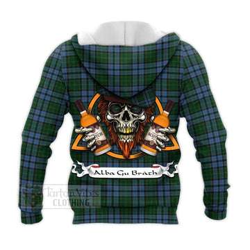 Forsyth Tartan Knitted Hoodie with Family Crest and Bearded Skull Holding Bottles of Whiskey - Tartan Vibes Clothing