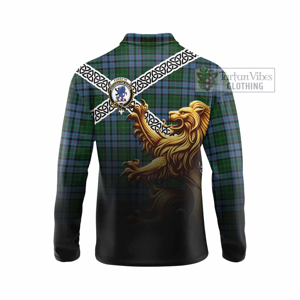 Forsyth Crest Tartan Long Sleeve Polo Shirt with Golden Lion Emblem Celtic Style - Tartan Vibes Clothing