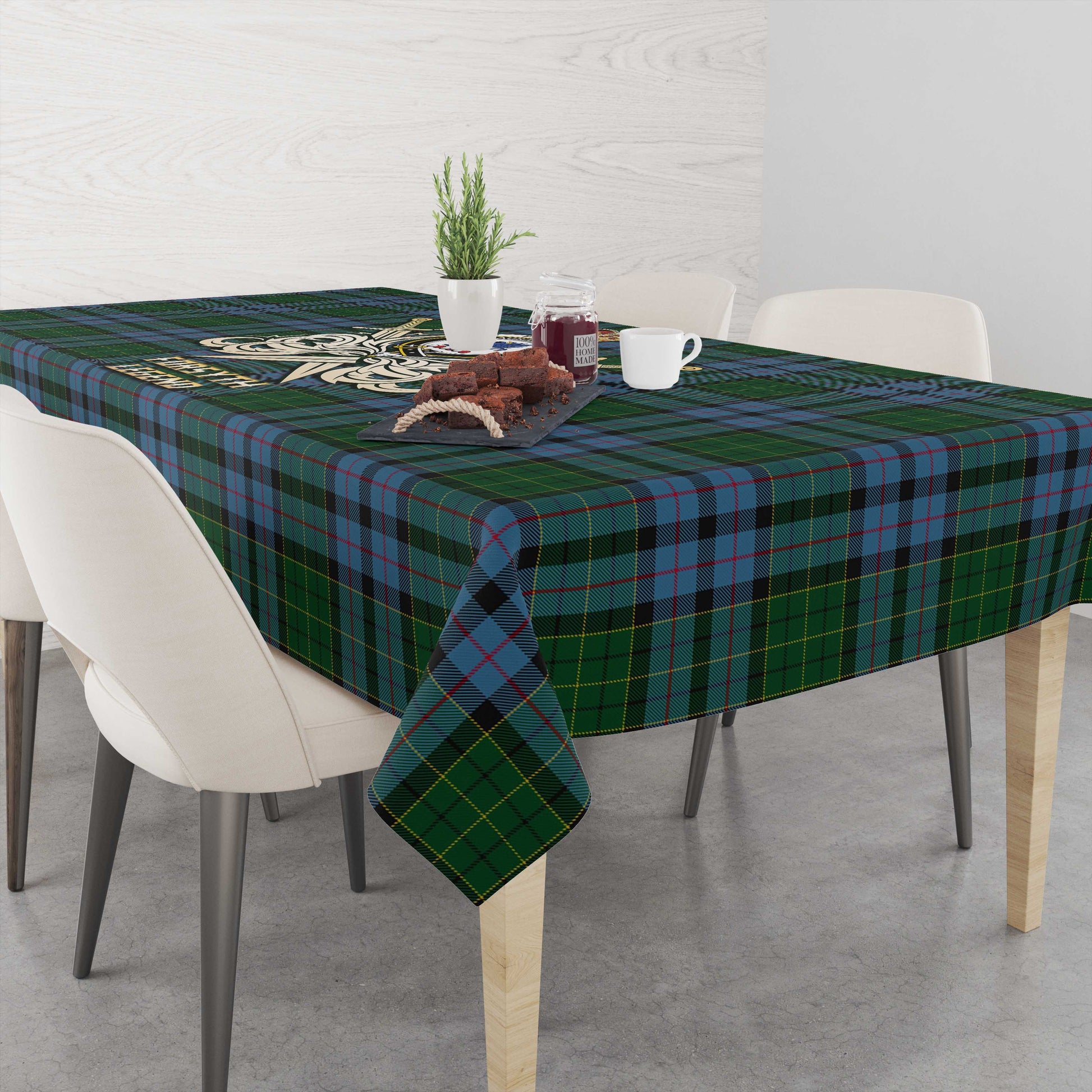 Forsyth Tartan Tablecloth with Clan Crest and the Golden Sword of Courageous Legacy - Tartan Vibes Clothing