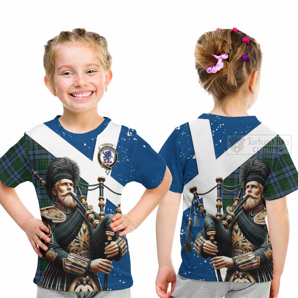 Forsyth Tartan Kid T-Shirt with Family Crest Scottish Bagpiper Vibes - Tartan Vibes Clothing