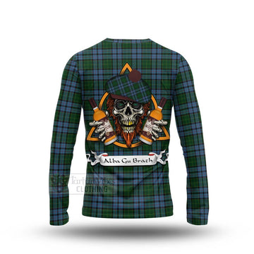 Forsyth Tartan Long Sleeve T-Shirt with Family Crest and Bearded Skull Holding Bottles of Whiskey - Tartan Vibes Clothing