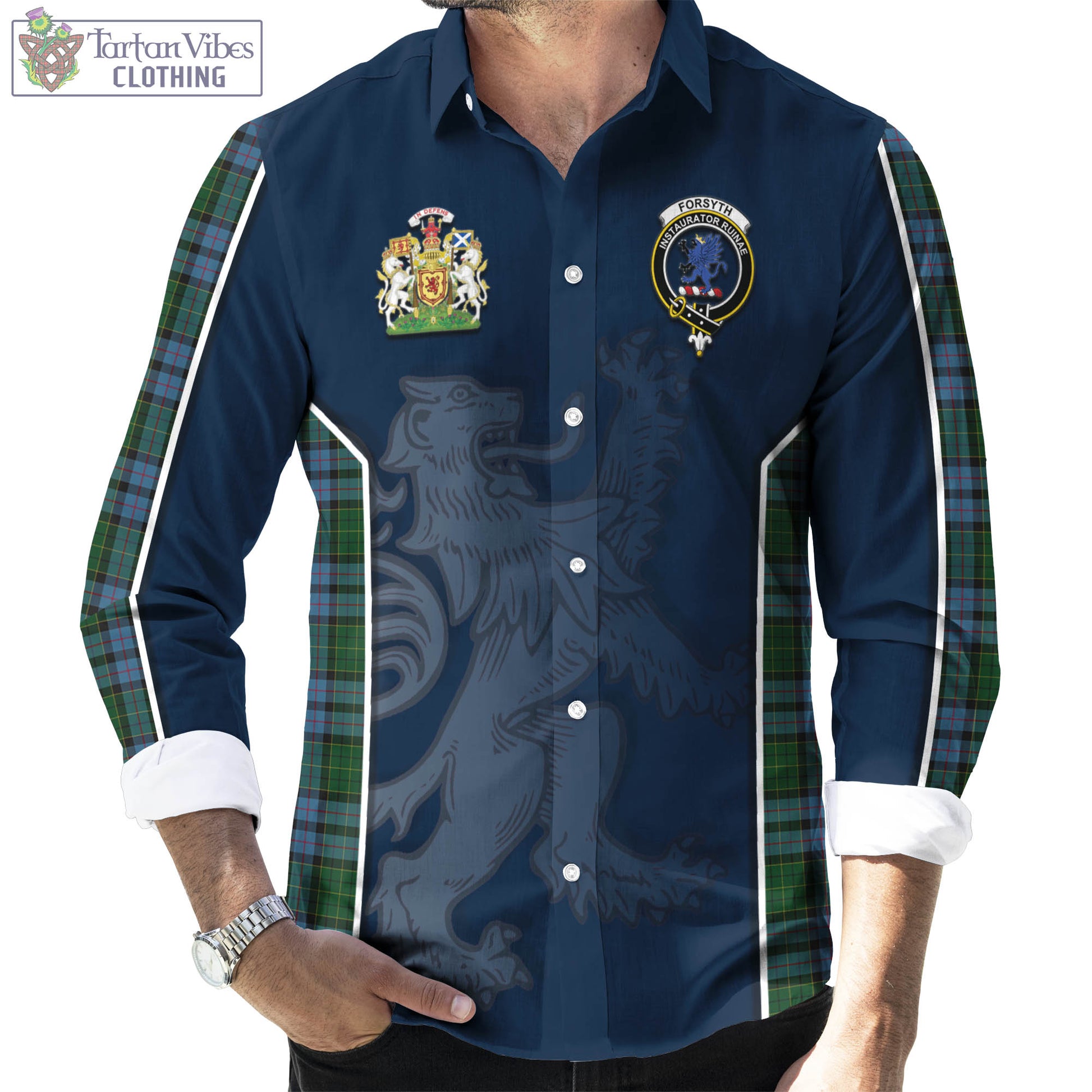 Tartan Vibes Clothing Forsyth Tartan Long Sleeve Button Up Shirt with Family Crest and Lion Rampant Vibes Sport Style
