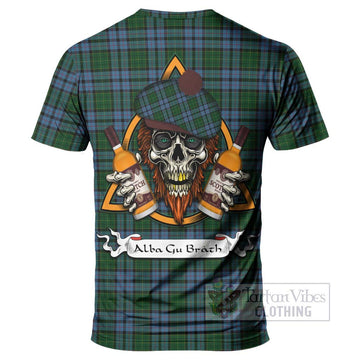 Forsyth Tartan T-Shirt with Family Crest and Bearded Skull Holding Bottles of Whiskey - Tartan Vibes Clothing