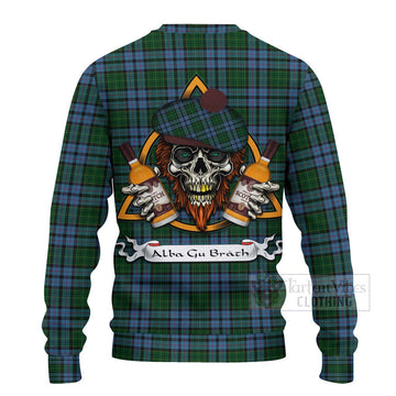 Forsyth Tartan Ugly Sweater with Family Crest and Bearded Skull Holding Bottles of Whiskey - Tartan Vibes Clothing