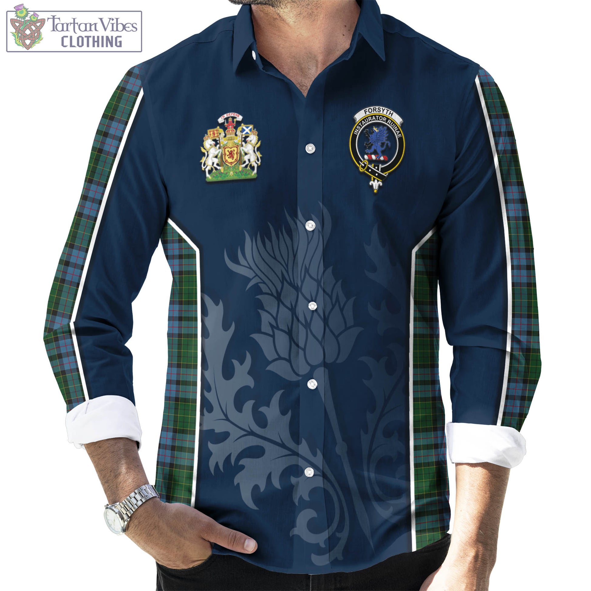 Tartan Vibes Clothing Forsyth Tartan Long Sleeve Button Up Shirt with Family Crest and Scottish Thistle Vibes Sport Style