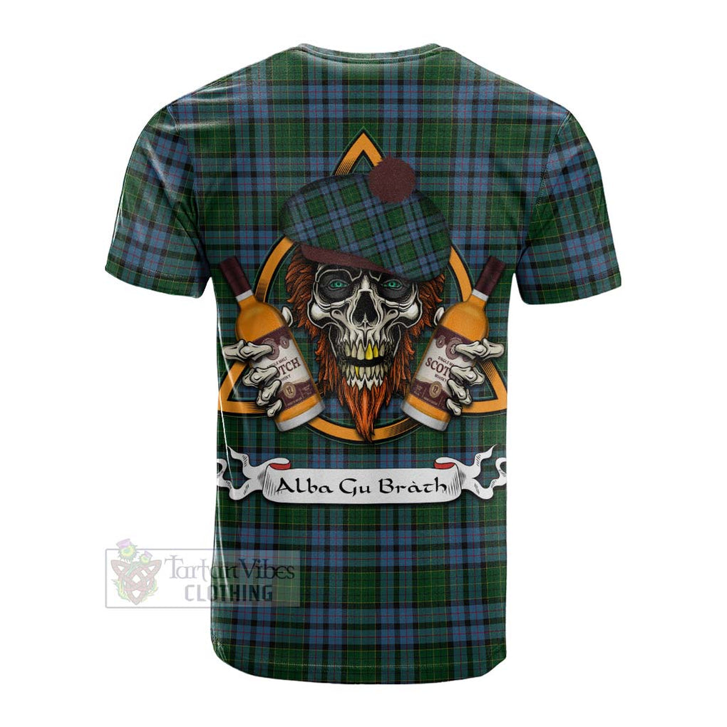 Tartan Vibes Clothing Forsyth Tartan Cotton T-shirt with Family Crest and Bearded Skull Holding Bottles of Whiskey
