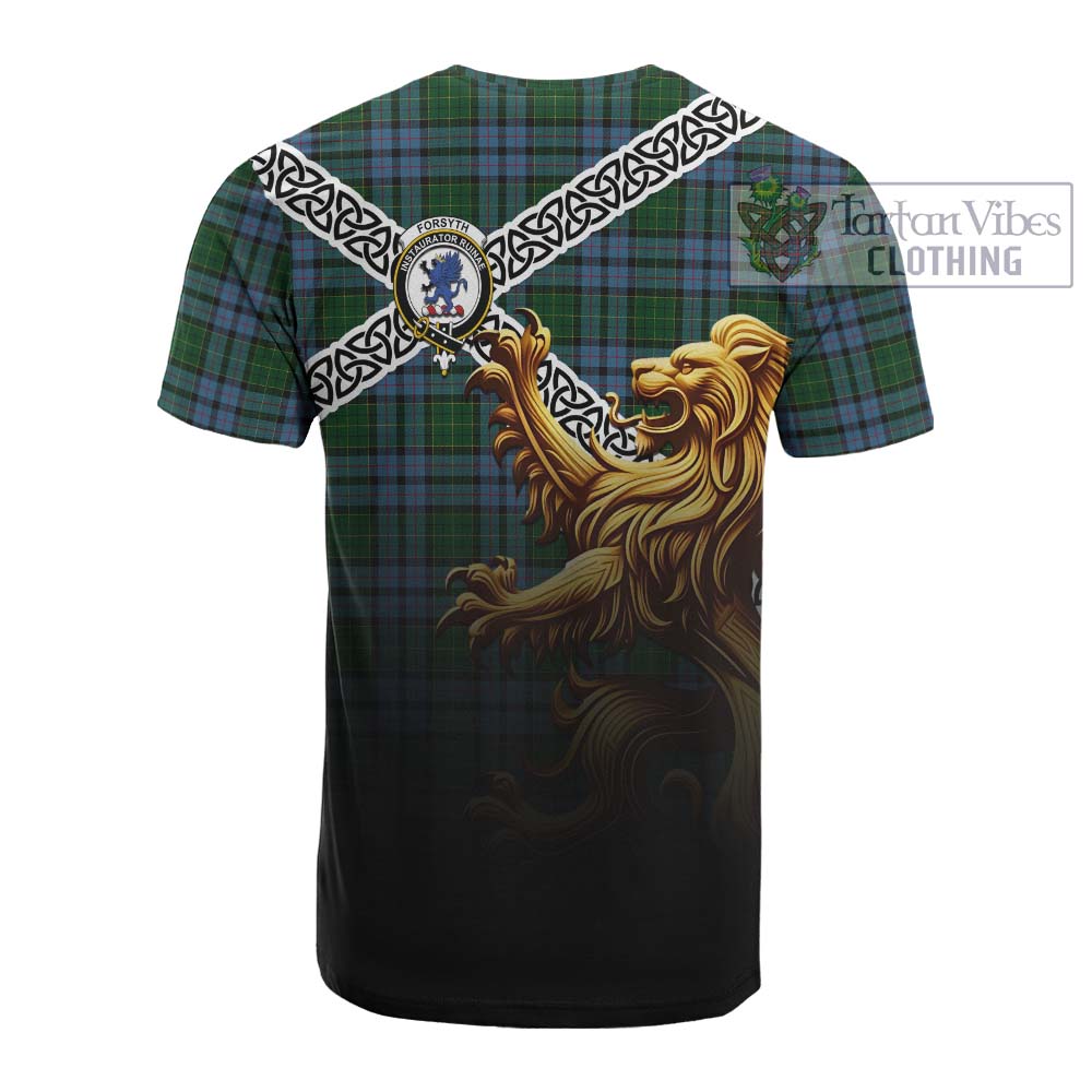 Tartan Vibes Clothing Forsyth Crest Tartan Cotton T-shirt with Golden Lion Emblem Celtic Style