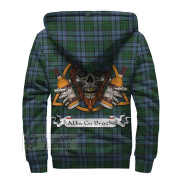 Forsyth Tartan Sherpa Hoodie with Family Crest and Bearded Skull Holding Bottles of Whiskey - Tartan Vibes Clothing