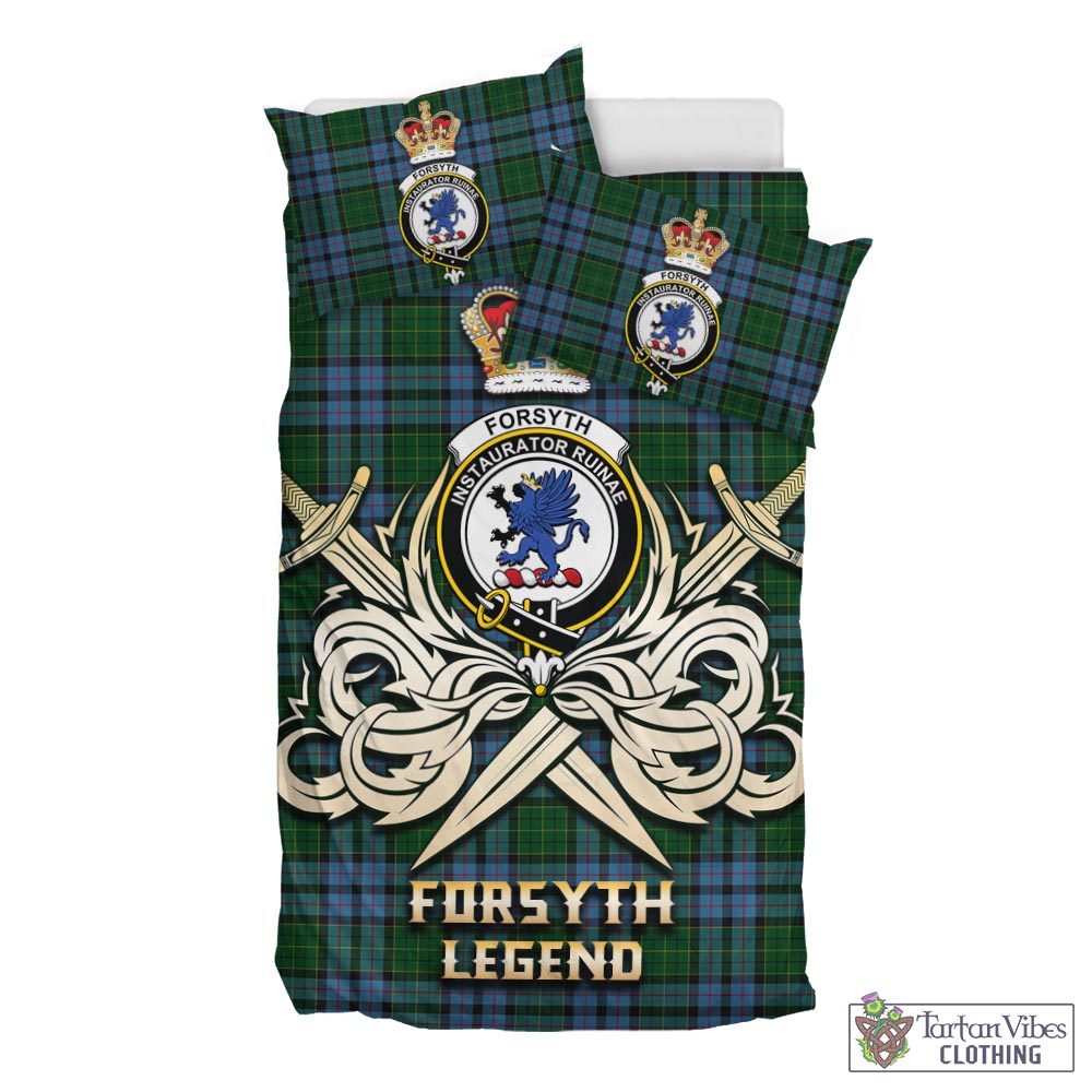 Tartan Vibes Clothing Forsyth Tartan Bedding Set with Clan Crest and the Golden Sword of Courageous Legacy