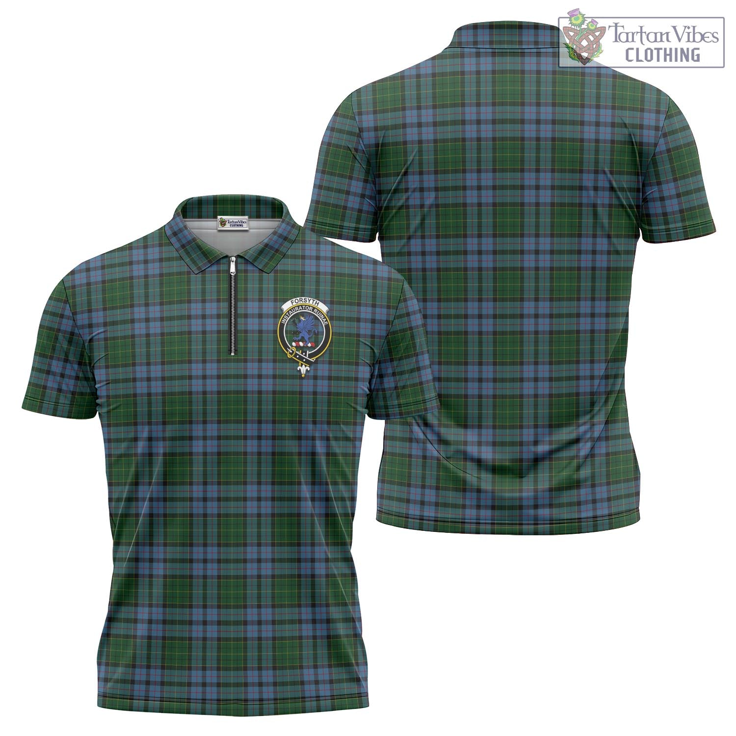 Forsyth Tartan Zipper Polo Shirt with Family Crest - Tartan Vibes Clothing
