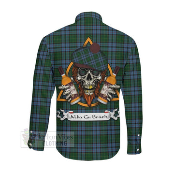 Forsyth Tartan Long Sleeve Button Shirt with Family Crest and Bearded Skull Holding Bottles of Whiskey Men's Shirt - Tartan Vibes Clothing