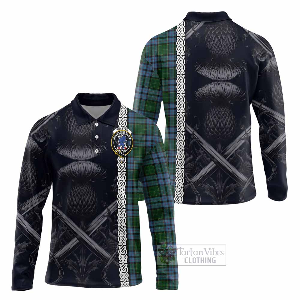 Forsyth Tartan Long Sleeve Polo Shirt with Family Crest Cross Sword Thistle Celtic Vibes - Tartan Vibes Clothing