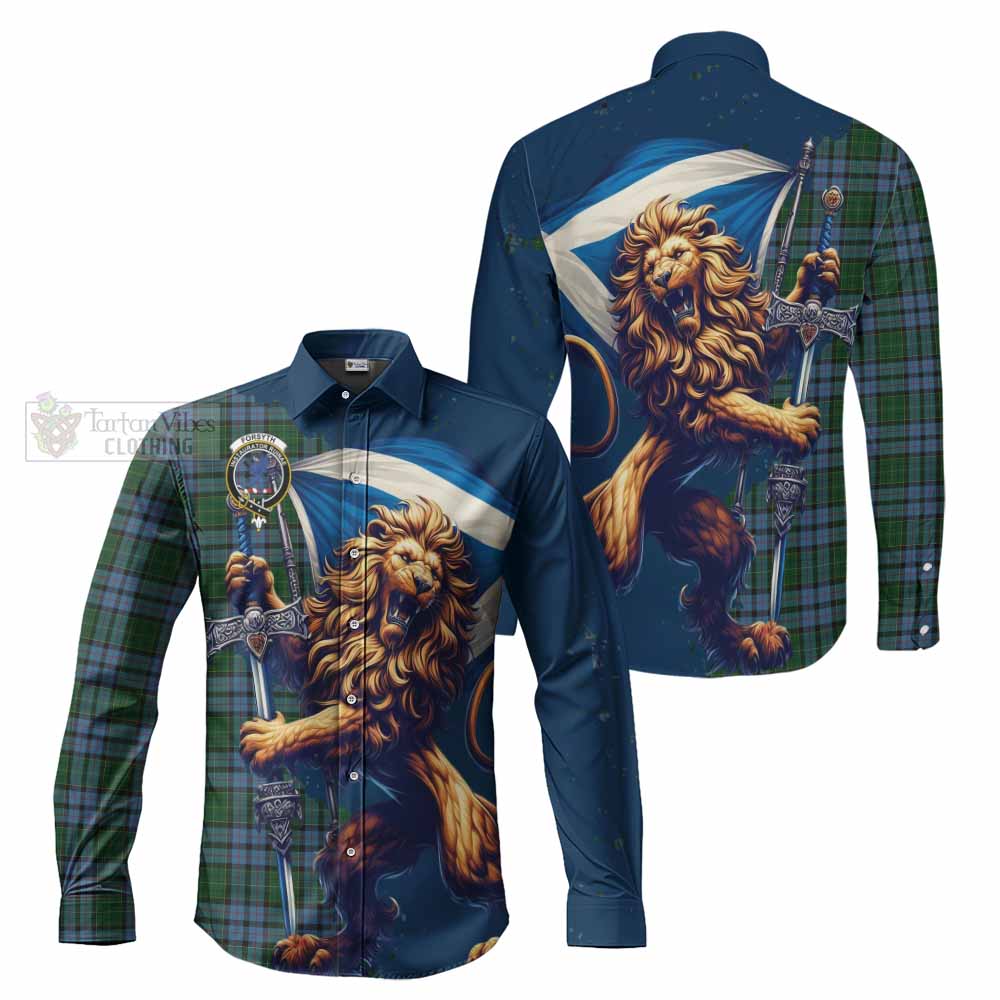 Forsyth Tartan Family Crest Long Sleeve Button Shirt with Scottish Majestic Lion - Tartan Vibes Clothing
