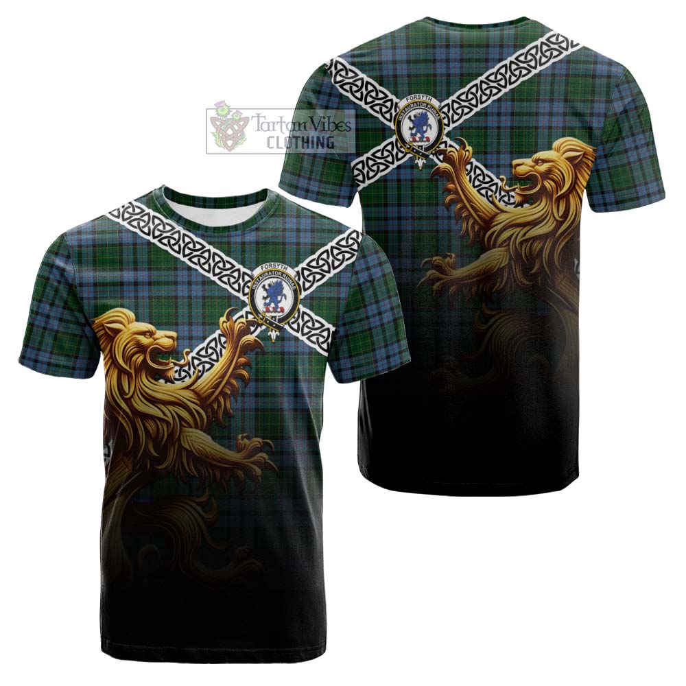 Tartan Vibes Clothing Forsyth Crest Tartan Cotton T-shirt with Golden Lion Emblem Celtic Style
