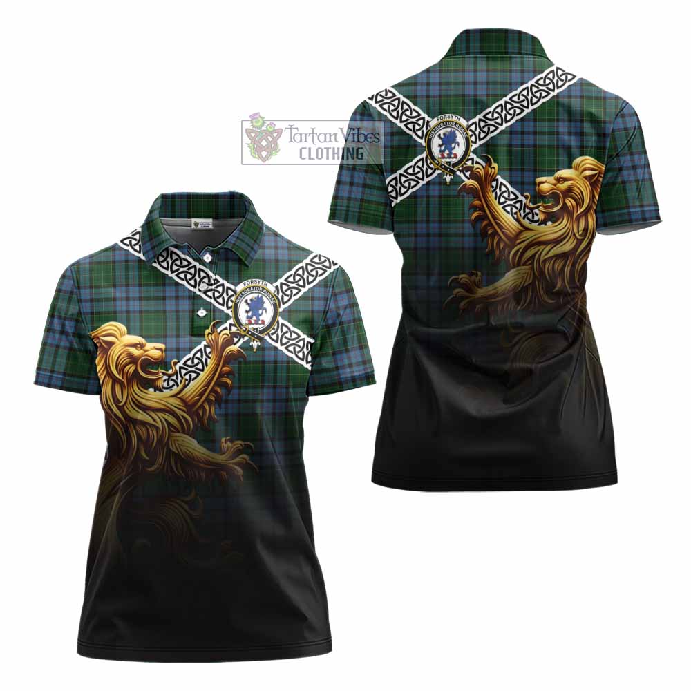 Forsyth Crest Tartan Women's Polo Shirt with Golden Lion Emblem Celtic Style - Tartan Vibes Clothing