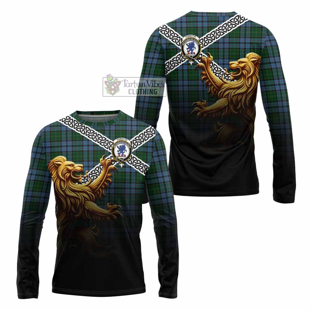 Forsyth Crest Tartan Long Sleeve T-Shirt with Golden Lion Emblem Celtic Style - Tartan Vibes Clothing