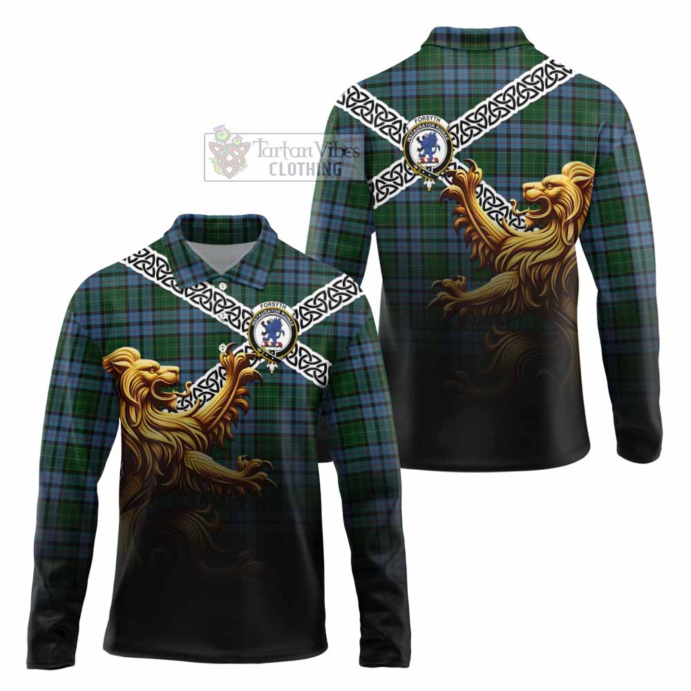 Forsyth Crest Tartan Long Sleeve Polo Shirt with Golden Lion Emblem Celtic Style - Tartan Vibes Clothing